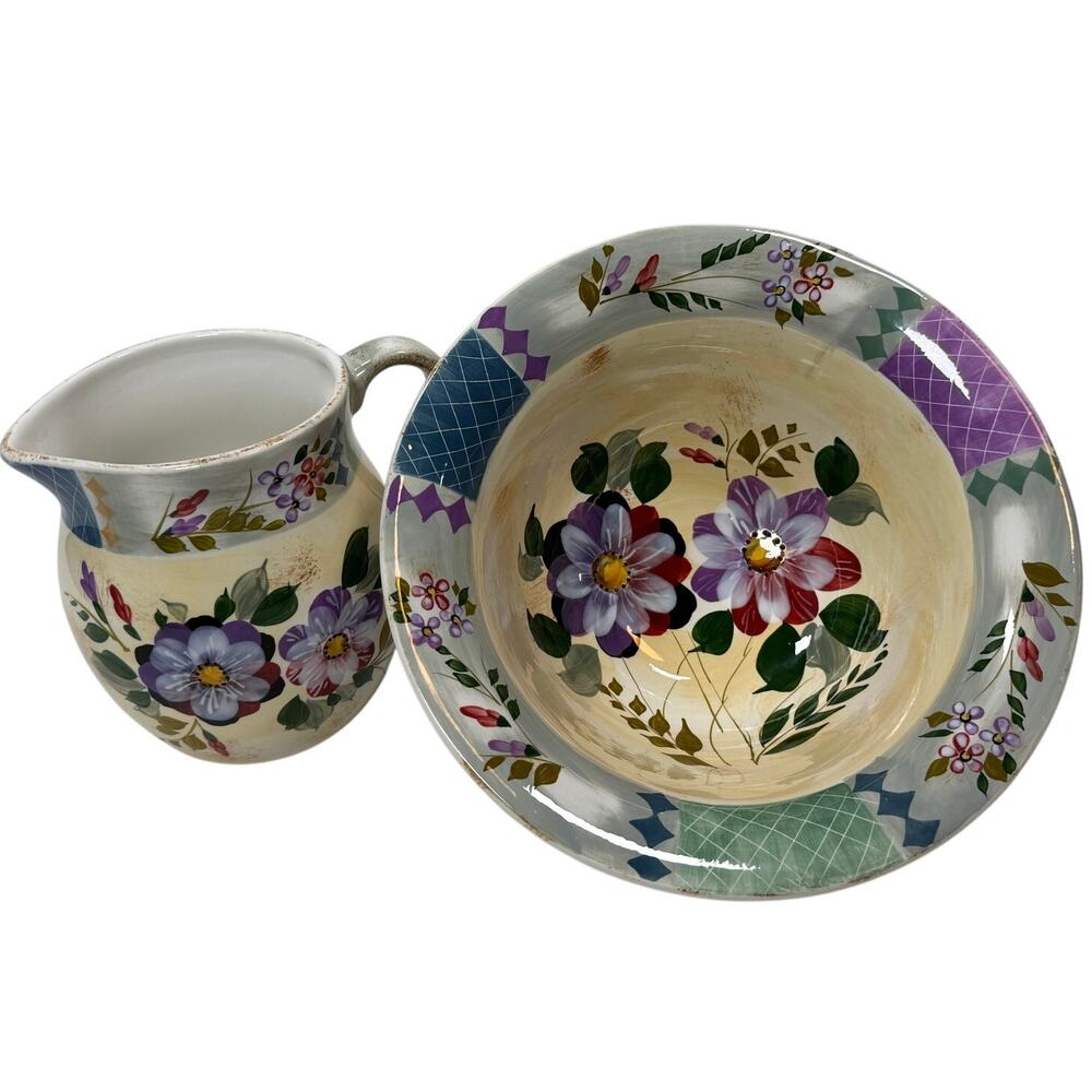 Gibson Elite Hand Painted Floral Pitcher & Wash Basin Bowl Set Cottage Garden